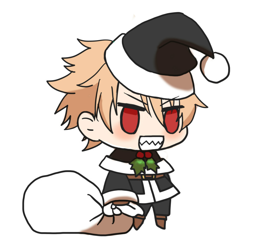 1boy :d alternate_costume black_hat black_jacket blush brown_footwear chibi christmas dark_persona fate/grand_order fate_(series) fur-trimmed_jacket fur_trim gift_bag hat highres holding holding_sack jacket jekyll_and_hyde_(fate) kkeiixxx light_brown_hair long_sleeves male_focus meme no_pupils padoru_(meme) red_eyes red_hat sack santa_costume santa_hat sharp_teeth smile solo spiked_hair teeth white_background