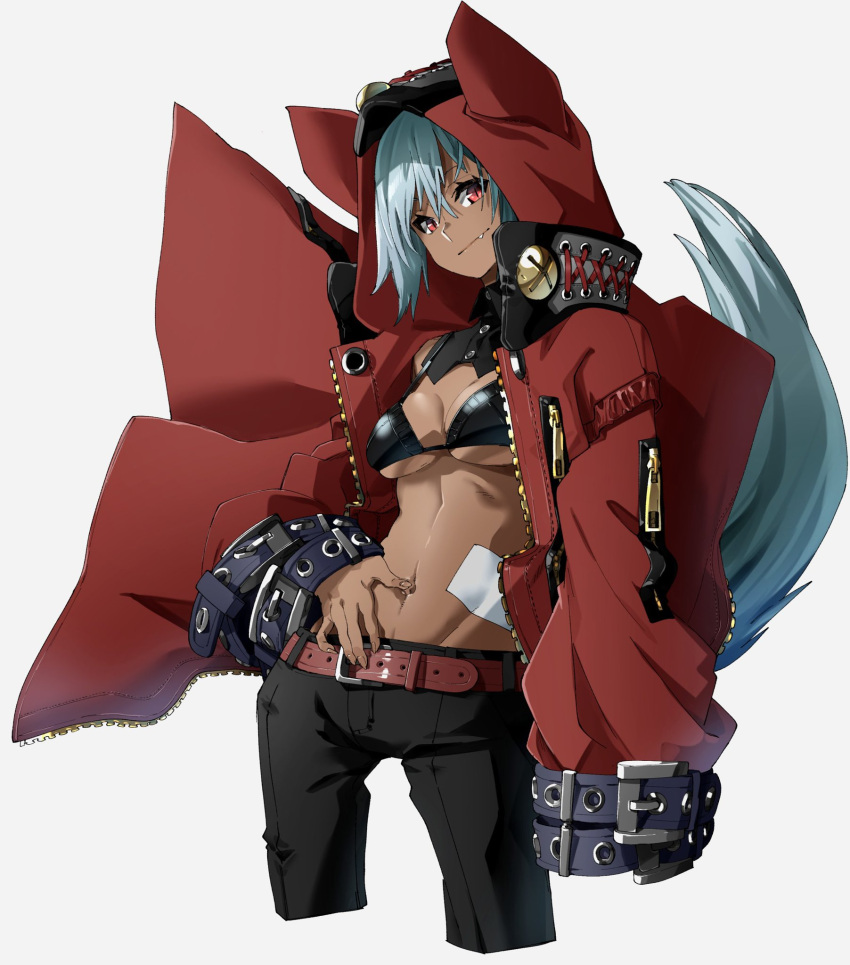 animal_ears bandaid belt bikini bikini_top_only dark-skinned_female dark_skin detached_collar female grey_hair highres hood jacket oerba_yun_fang original pants red_eyes solo swimsuit tail very_long_sleeves yoshimaro zipper zipper_pull_tab