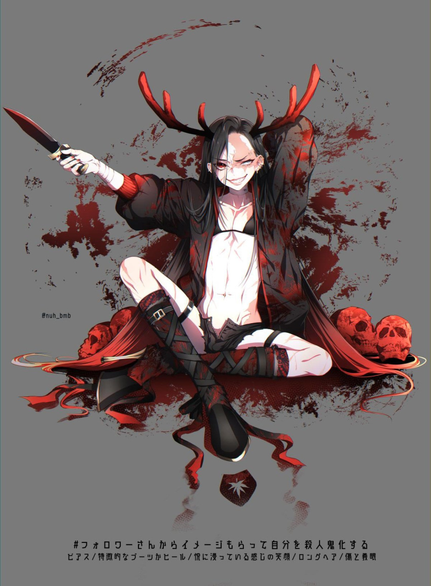 androgynous antlers arm_up black_hair black_jacket black_shorts blood blood_splatter boots burn choker collarbone ear_piercing eyes_visible_through_hair fingernails gradient_hair grey_background grin heterochromia high_heel_boots high_heels highres holding holding_knife holding_weapon horns jacket knee_boots knife long_hair looking_at_viewer morino_bambi multicolored_hair navel piercing pile_of_skulls red_hair red_nails scar scar_on_face sharp_teeth shorts sitting skull smile solo teeth torn_clothes twitter_username unzipped very_long_hair weapon