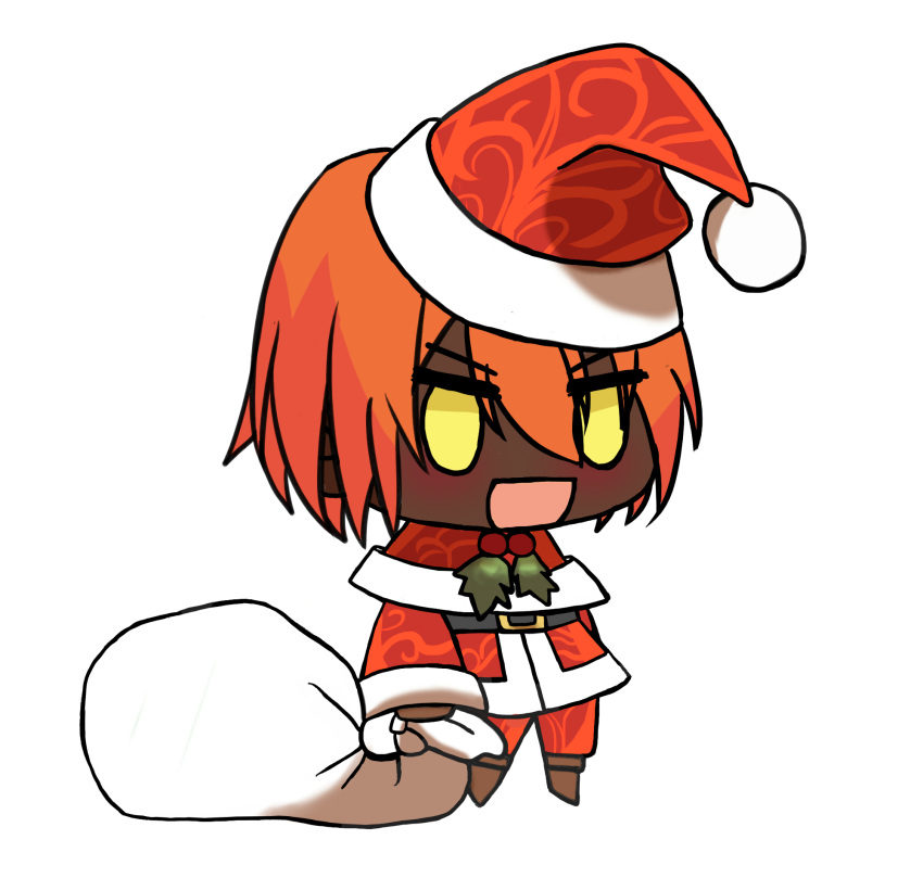 1boy :d alternate_costume ashwatthama_(fate) blush brown_footwear chibi christmas dark-skinned_male dark_skin fate/grand_order fate_(series) fur-trimmed_jacket fur_trim gift_bag hat highres holding holding_sack jacket kkeiixxx long_sleeves male_focus meme no_pupils orange_hair padoru_(meme) pants red_hat red_jacket red_pants sack santa_costume santa_hat simple_background smile solo white_background yellow_eyes