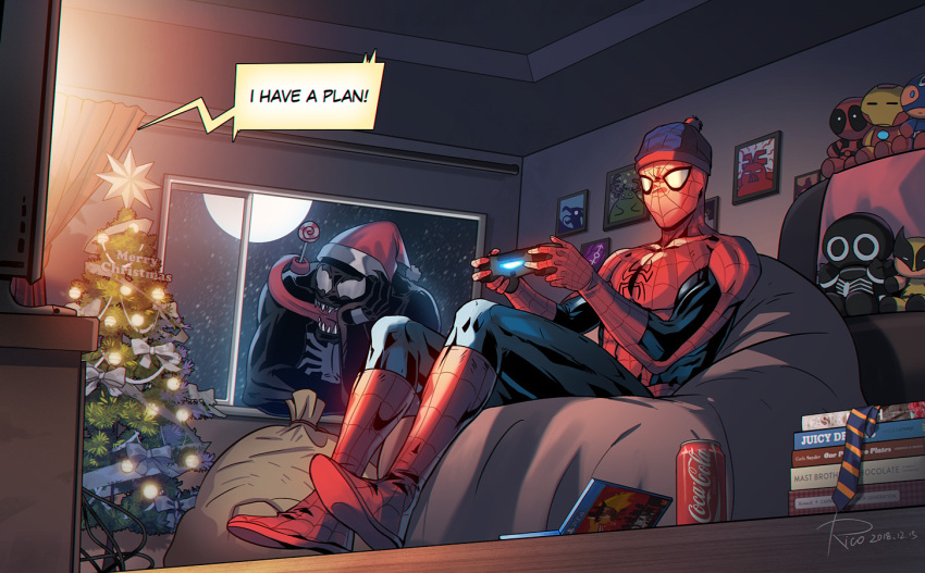 2boys black_bodysuit bodysuit book book_stack can candy captain_america character_doll christmas christmas_lights christmas_tree coca-cola controller dated deadpool deadpool_(series) doll drink_can eddie_brock english_text food full_moon game_controller hand_on_own_cheek hand_on_own_face hat head_rest holding holding_controller holding_game_controller indoors iron_man joystick male_focus marvel merry_christmas moon multiple_boys muscular muscular_male night night_sky open_mouth open_window peter_parker pine_tree playing_games red_bodysuit red_dead_redemption redrico santa_hat sharp_teeth signature sitting sky soda_can spider-man spider-man_(series) spider_web_print superhero_costume symbiote teeth tongue tongue_hold tongue_out tree two-tone_bodysuit venom_(marvel) video_game western_comics_(style) window wolverine_(x-men)