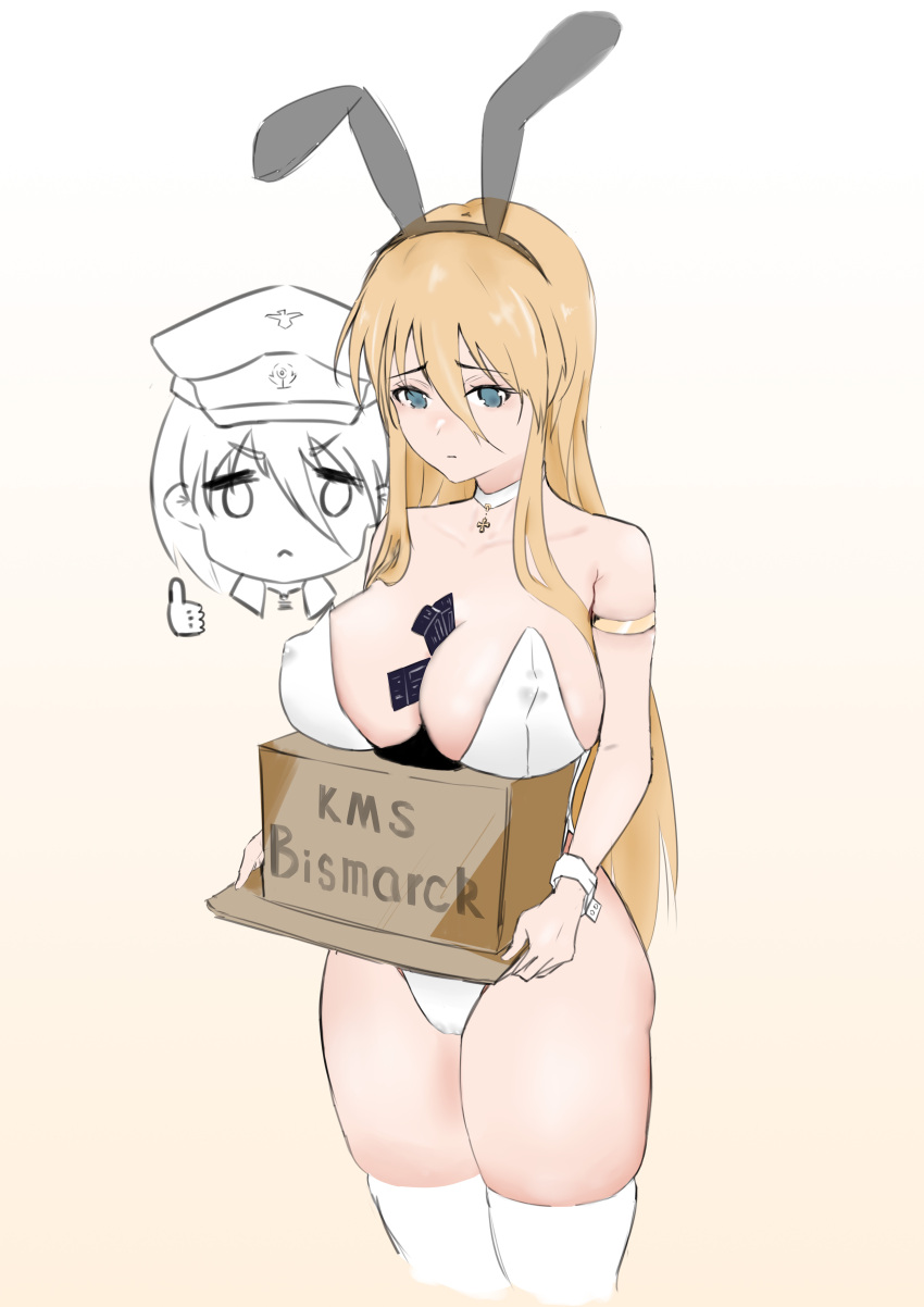 2girls absurdres alternate_costume animal_ears azur_lane ballot bare_shoulders between_breasts bismarck_(azur_lane) blonde_hair blue_eyes breast_rest breasts character_name choker commentary_request covered_nipples fake_animal_ears hair_between_eyes hat highres jackliu large_breasts leotard long_hair multiple_girls peaked_cap playboy_bunny rabbit_ears simple_background standing strapless strapless_leotard thighhighs thumbs_up tirpitz_(azur_lane) white_choker white_thighhighs yellow_background