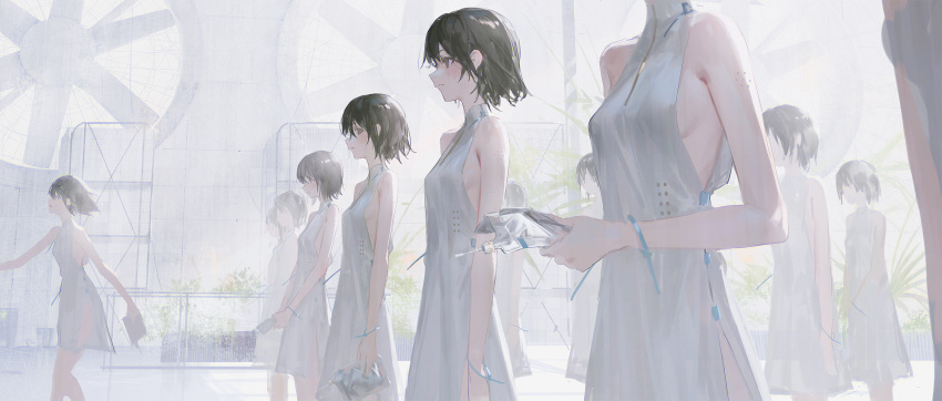 6+girls bare_shoulders blood blood_bag breasts brown_eyes brown_hair cable_tie clone commentary dress expressionless feet_out_of_frame highres indoors looking_at_another multiple_girls original planet plant potted_plant reoen short_hair sideboob sleeveless sleeveless_dress small_breasts ventilation_fan white_dress white_theme