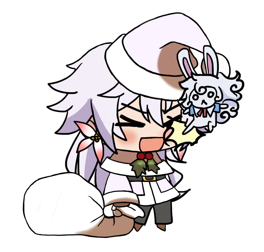 >_< 1boy :d alternate_costume blush brown_footwear chibi christmas creature derivative_work ear_piercing earrings fate/grand_order fate_(series) flower_earrings fou_(fate) fur-trimmed_jacket fur_trim gift_bag hat highres holding holding_sack jacket jewelry kicking kkeiixxx long_hair long_sleeves male_focus meme merlin_(fate) no_pupils padoru_(meme) piercing red_headwear sack santa_costume santa_hat smile solo_focus white_background white_hair