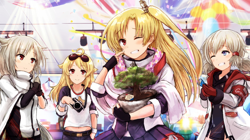 4girls ;d ahoge antenna_hair azur_lane balloon belt black_gloves blonde_hair blue_eyes blurry bonsai brown_eyes camera capelet carrying clapping cleveland_(azur_lane) columbia_(azur_lane) commentary_request confetti denver_(azur_lane) depth_of_field eyes_visible_through_hair eyewear_on_head finger_to_cheek finger_to_face fingerless_gloves flower_pot gloves grey_hair grin groin hair_flaps hair_tubes highres holding holding_camera long_hair montpelier_(azur_lane) multiple_girls navel one_eye_closed one_side_up open_mouth red_eyes red_gloves short_hair sidelocks smile sunglasses surprised takeyaman wristband