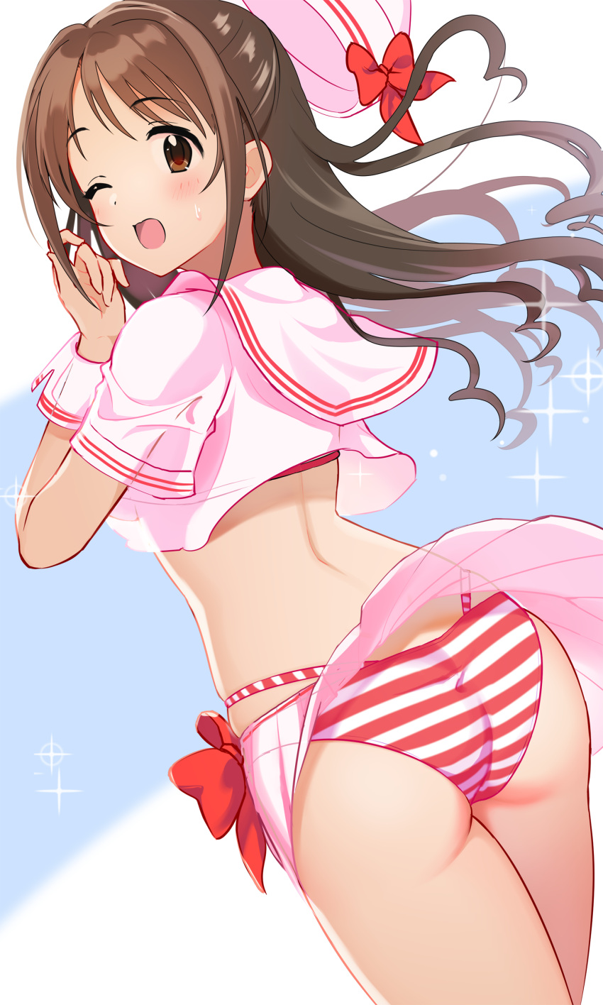 absurdres ass bikini blush brown_eyes brown_hair cropped_shirt female from_behind hat highres idolmaster idolmaster_cinderella_girls long_hair looking_at_viewer looking_back natsuya_(natuya777) one_eye_closed open_mouth outdoors sailor_collar sailor_shirt sarong see-through shimamura_uzuki shirt solo sparkle striped_bikini striped_clothes swimsuit unworn_hat unworn_headwear wind wind_lift wrist_cuffs