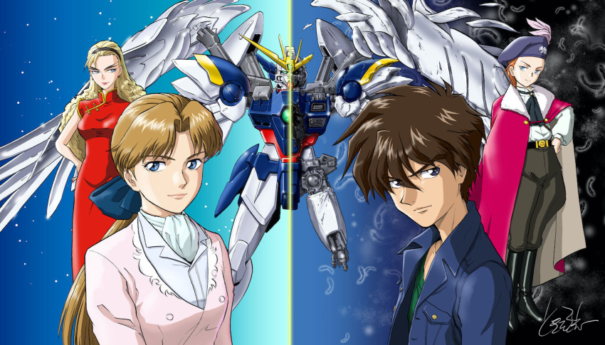 1boy 3girls ascot beret black_hairband blonde_hair blue_bow bow breasts brown_hair cape china_dress chinese_clothes damaged dorothy_catalonia dress flat_chest forked_eyebrows fur_trim green_eyes green_shirt grey_headwear gundam gundam_wing gundam_wing_endless_waltz hair_behind_ear hairband hairbow hand_on_own_hip hat heero_yuy jacket leaning_back long_hair looking_to_the_side mariemaia_khushrenada mecha mechanical_wings medium_breasts mobile_suit multiple_girls parted_bangs pink_cape pink_jacket ponytail red_dress relena_peacecraft robot science_fiction shirt short_hair smile tokita_kouichi v-fin wing_gundam_zero_custom wings