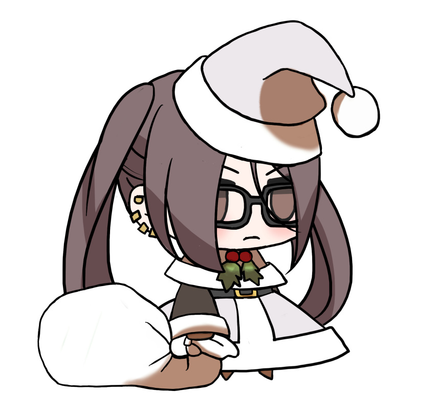 :d akuta_hinako alternate_costume blush brown_eyes brown_footwear brown_hair chibi christmas fate/grand_order fate_(series) female fur-trimmed_jacket fur_trim gift_bag glasses grey_hat hat highres holding holding_sack jacket kkeiixxx long_hair long_sleeves meme no_pupils padoru_(meme) red_hat sack santa_costume santa_hat simple_background smile solo white_background