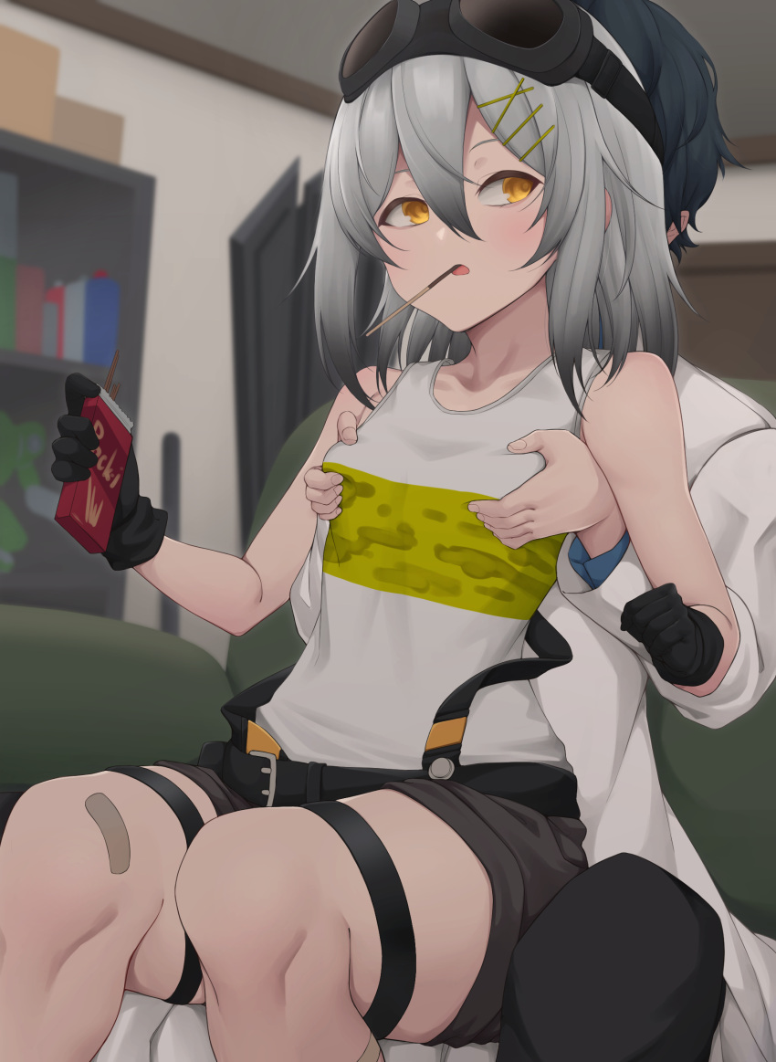 1boy absurdres act_(xadachit) bandaid black_gloves black_pants blue_hair blush breasts clenched_hand coat commission commissioner_upload couch croque_(neural_cloud) faceless faceless_male female food food_in_mouth girls'_frontline girls'_frontline_neural_cloud gloves goggles goggles_on_head grey_hair groping hair_between_eyes hair_ornament hairclip highres holding looking_to_the_side male_professor_(neural_cloud) non-web_source on_couch open_mouth pants pocky pocky_in_mouth professor_(neural_cloud) shelf shirt short_hair shorts suspenders white_coat yellow_eyes