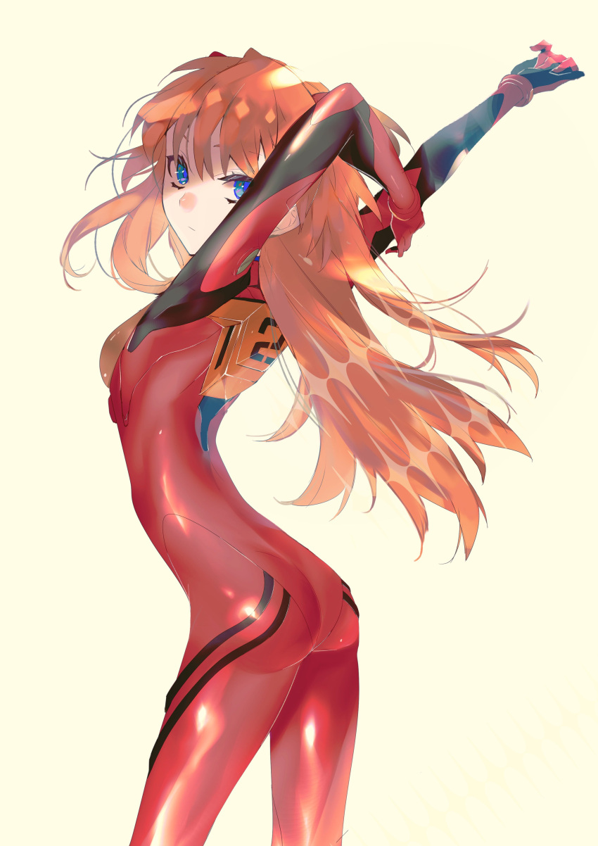 absurdres ass blue_eyes bodysuit breasts female good_ass_day highres interface_headset long_hair looking_at_viewer looking_back medium_breasts neon_genesis_evangelion orange_hair pilot_suit plugsuit red_bodysuit solo souryuu_asuka_langley standing two_side_up urushimaru0701