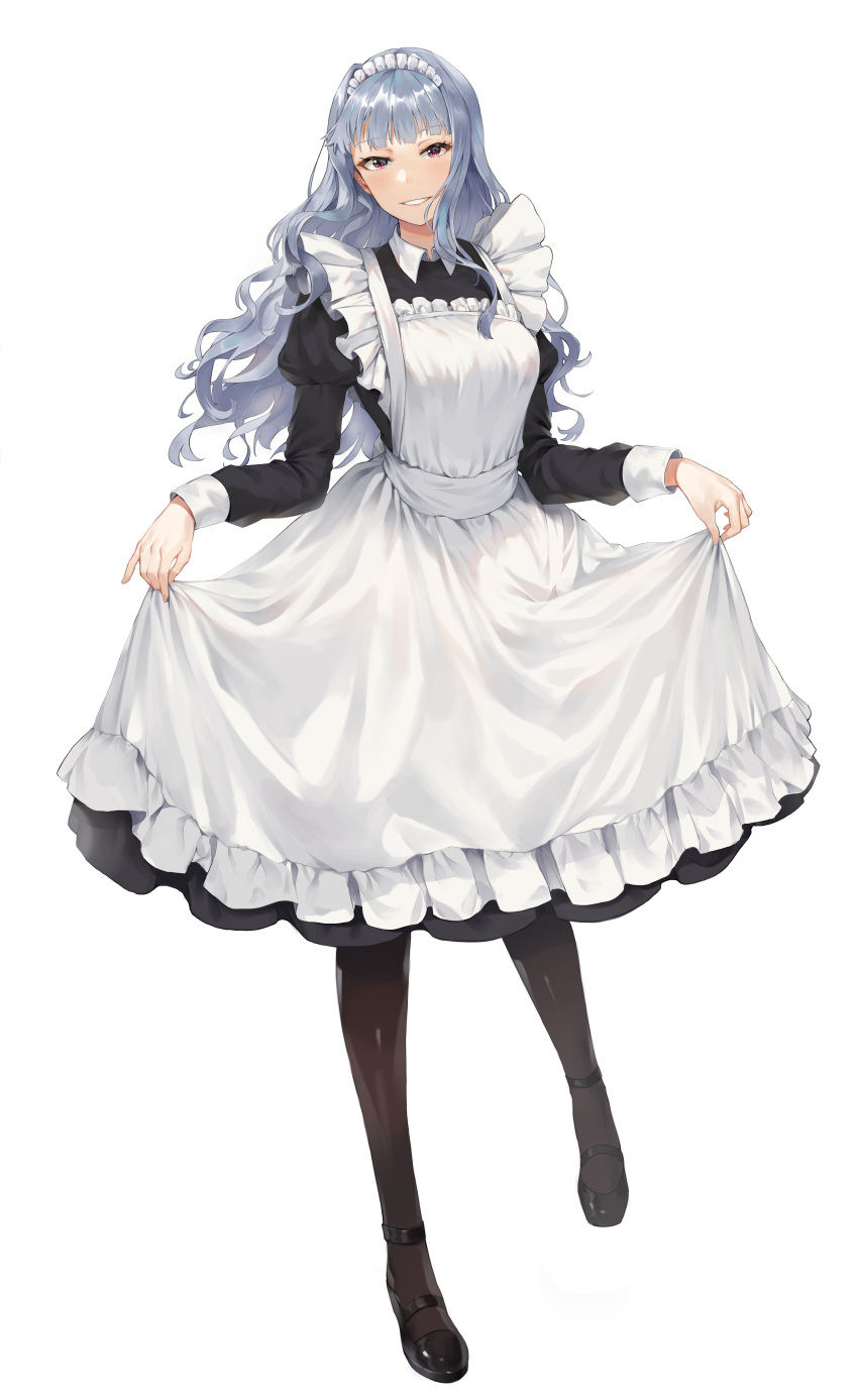 absurdres alternate_costume ankle_strap apron black_dress black_footwear breasts brown_pantyhose collared_dress commentary_request dress enmaided female frilled_apron frills full_body grey_hair grin highres idolmaster idolmaster_(classic) juliet_sleeves light_blush long_hair long_sleeves looking_at_viewer maid maid_apron maid_headdress medium_breasts pantyhose pink_eyes puffy_sleeves shijou_takane shoes sidelocks simple_background skirt_hold smile solo standing tuxedo_de_cat wavy_hair white_apron white_background