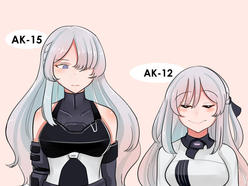 2girls abineko ak-12_(girls'_frontline) ak-15_(girls'_frontline) bare_shoulders black_bow blue_eyes bow braid breasts character_name closed_eyes closed_mouth commentary_request french_braid girls'_frontline grey_hair hair_over_one_eye hair_tie hairbow height_difference highres jacket large_breasts long_hair looking_at_another multiple_girls pink_background purple_eyes shirt sidelocks simple_background smile white_hair white_shirt