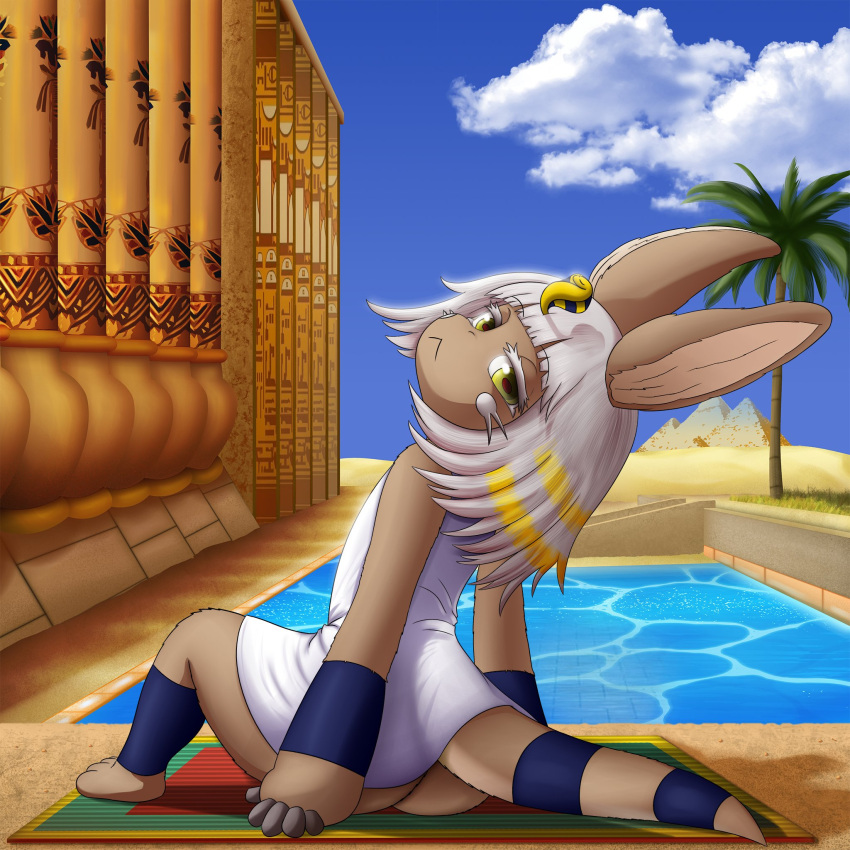 1other androgynous animal_crossing animal_ears ankha_(animal_crossing) ankha_(animal_crossing)_(cosplay) ass bob_cut closed_mouth cloud commentary cosplay day egyptian egyptian_art furry hair_ornament highres horizontal_pupils looking_at_viewer looking_back made_in_abyss nanachi_(made_in_abyss) other_focus outdoors palm_tree pillar pyramid_(structure) rabbit_ears sitting sky smugbuns snake_hair_ornament solo tail tree water whiskers white_hair yellow_eyes