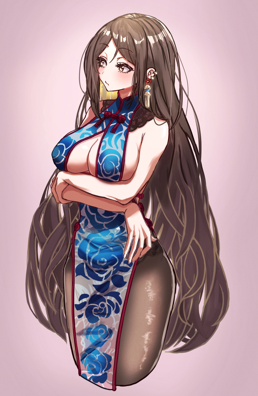 absurdres bare_shoulders blue_dress blush breasts brown_eyes brown_hair brown_pantyhose china_dress chinese_clothes cleavage cleavage_cutout clothing_cutout commentary_request crossed_arms dress earrings fate/grand_order fate_(series) female highres jewelry large_breasts long_hair looking_to_the_side pantyhose pelvic_curtain red_trim shibao_aoyama sideboob solo tassel tassel_earrings thighs very_long_hair yu_mei-ren_(fate) yu_mei-ren_(spare_the_idle_talk)_(fate)