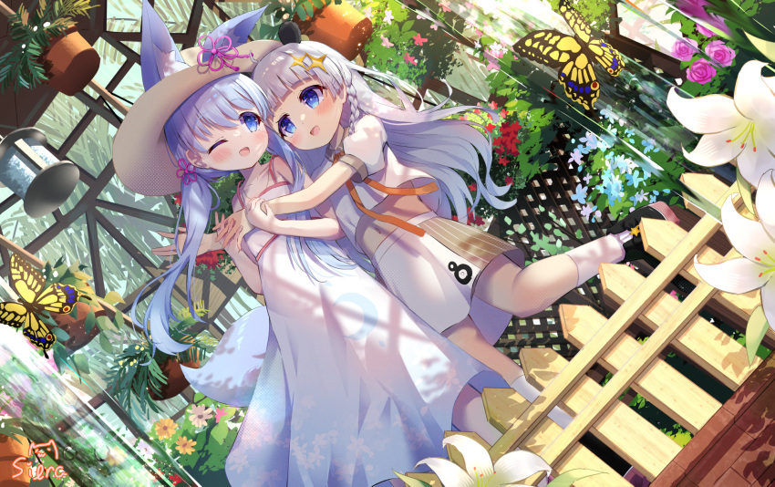 2girls a.i._voice animal animal_ear_fluff animal_ears bare_arms bare_shoulders black_footwear blue_eyes blue_hair braid brown_headwear brown_skirt bug butterfly coeiroink collarbone commentary_request commission dress ears_through_headwear fence flower flower_pot fox_ears fox_tail grey_hair hat highres kemonomimi_mode kizuna_akari kizuna_akari_(tsubomi) long_hair low_twintails multiple_girls navel pink_flower pink_rose puffy_short_sleeves puffy_sleeves red_flower rose shirt shoes short_sleeves siera_(sieracitrus) signature skeb_commission skirt sleeveless sleeveless_dress socks sun_hat tail tsukuyomi-chan twintails very_long_hair voiceroid water waterfall white_dress white_flower white_shirt white_socks