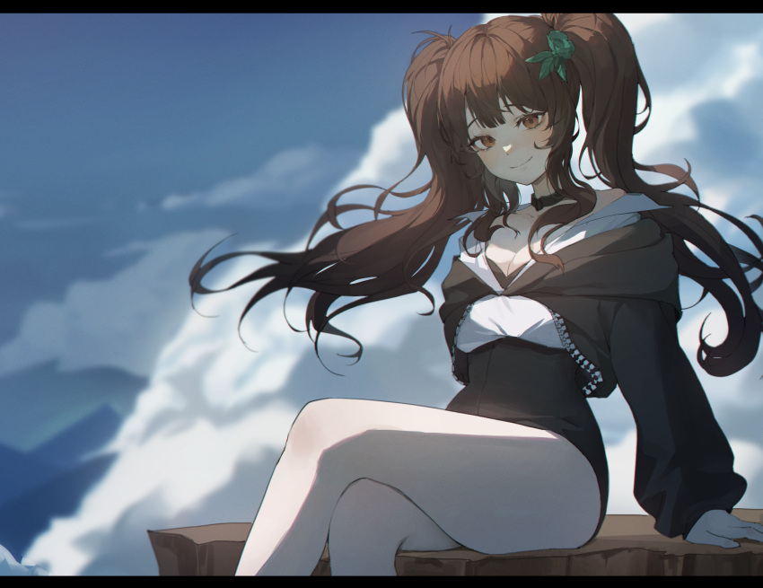 absurdres alternate_costume angelina_(arknights) arknights bare_legs black_bra black_skirt blue_sky blush bra bra_peek breasts brown_eyes brown_hair cleavage closed_mouth collarbone commentary day feet_out_of_frame female high-waist_skirt highres long_hair long_sleeves looking_at_viewer medium_breasts outdoors shirt sitting skirt sky smile thighs twintails underwear white_shirt yogu_(user_rxdx2445)