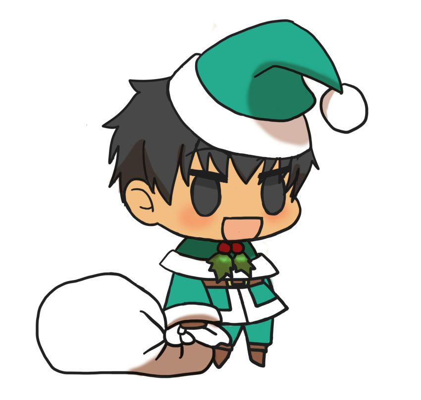 1boy :d alternate_costume arash_(fate) black_eyes black_hair blush brown_footwear chibi christmas dark-skinned_male dark_skin fate/grand_order fate_(series) fur-trimmed_jacket fur_trim gift_bag green_hat green_jacket hat highres holding holding_sack jacket kkeiixxx long_sleeves male_focus meme no_pupils padoru_(meme) red_hat sack santa_costume santa_hat smile solo white_background