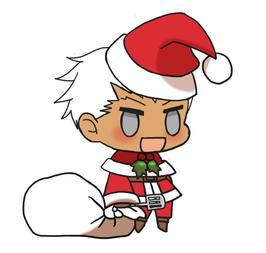 1boy :d alternate_costume archer_(fate) blush brown_footwear chibi christmas dark-skinned_male dark_skin fate/stay_night fate_(series) fur-trimmed_jacket fur_trim gift_bag grey_eyes hat highres holding holding_sack jacket kkeiixxx long_sleeves male_focus meme no_pupils padoru_(meme) pants red_hat red_jacket red_pants sack santa_costume santa_hat simple_background smile solo white_background white_hair