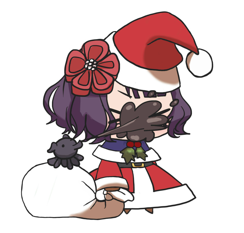 >_< :d alternate_costume blush brown_footwear chibi christmas creature fate/grand_order fate_(series) female fur-trimmed_jacket fur_trim gift_bag hat highres holding holding_sack in_the_face ink jacket katsushika_hokusai_(fate) kkeiixxx long_sleeves meme no_pupils padoru_(meme) pants purple_eyes red_hat red_jacket red_pants sack santa_costume santa_hat simple_background smile solo splashing tokitarou_(fate) white_background