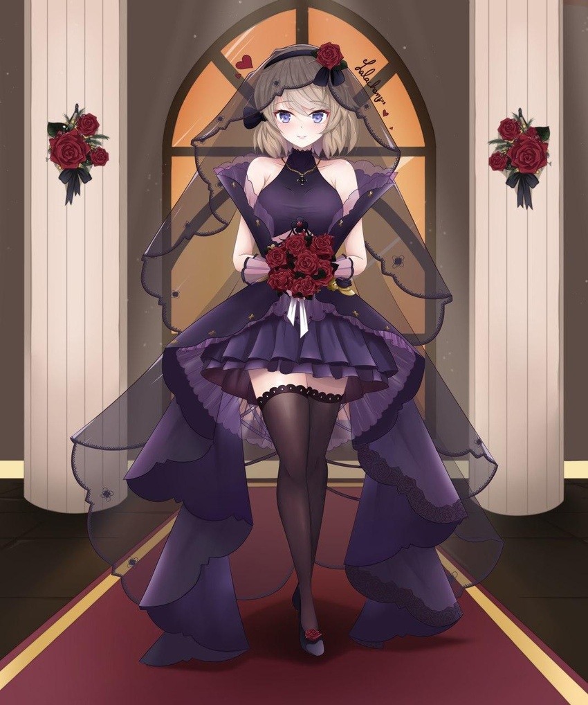 azur_lane black_dress black_footwear black_gloves black_thighhighs bouquet bridal_veil commentary cross dress female flower frilled_skirt frills full_body gloves grey_eyes high_heels highres holding holding_bouquet iron_cross jewelry jpeg_artifacts lalachan208 light_brown_hair looking_at_viewer necklace official_alternate_costume pillar red_carpet red_flower red_rose rose shoes short_hair signature skirt smile solo thighhighs turtleneck turtleneck_dress veil wedding_dress window z23_(azur_lane) z23_(schwarze_hochzeit)_(azur_lane) zettai_ryouiki