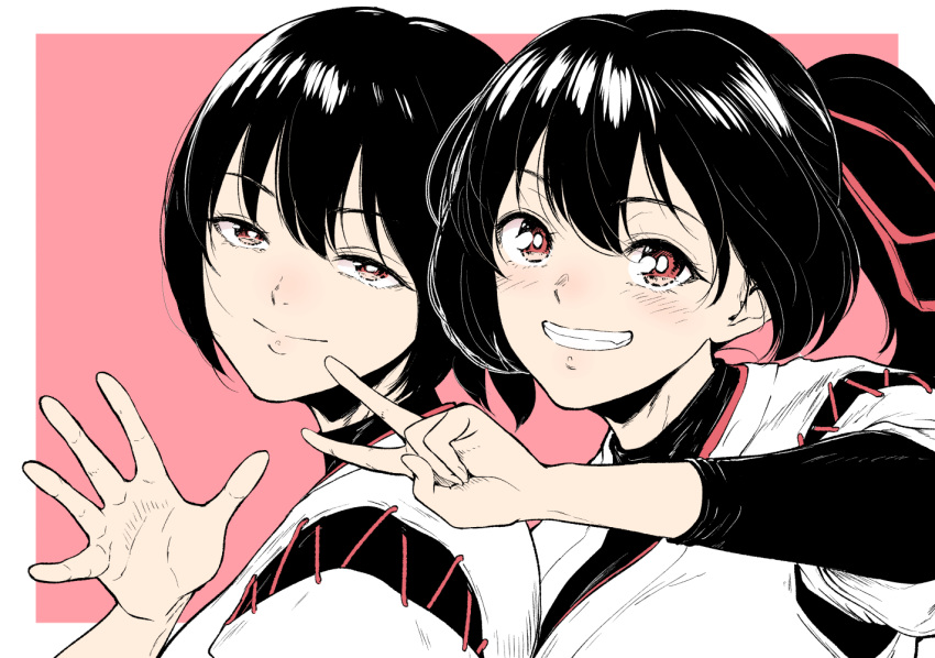 2girls bifidus black_hair commentary_request from_side grin hair_between_eyes hyuuga_(kancolle) ise_(kancolle) kantai_collection looking_at_viewer multiple_girls pink_background ponytail red_eyes smile v