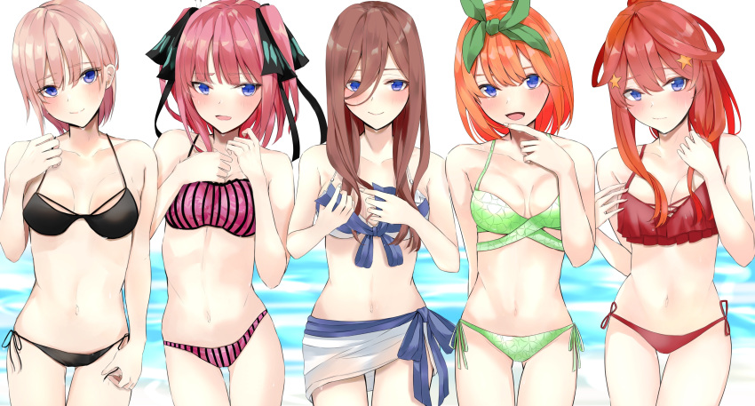 5girls absurdres bare_arms bare_legs bare_shoulders bikini bikini_top_only black_bikini blue_bikini blue_eyes breasts brown_hair cleavage facing_viewer front-tie_bikini_top front-tie_top go-toubun_no_hanayome green_bikini hair_between_eyes hair_ornament hair_ribbon highres ka1se1 long_hair looking_at_viewer medium_hair midriff multiple_girls nakano_ichika nakano_itsuki nakano_miku nakano_nino nakano_yotsuba navel ocean orange_hair quintuplets red_bikini red_hair ribbon siblings side-tie_bikini_bottom sisters smile star_(symbol) star_hair_ornament swimsuit thigh_gap thighs twintails upper_body