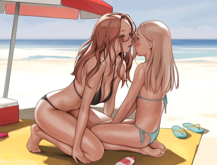 2girls age_difference all_fours bad_id bad_pixiv_id barefoot beach bikini black_bikini blonde_hair blue_bikini blue_eyes blurry blurry_background blush borrowed_character breasts brown_eyes brown_hair commentary commission day english_commentary feet flip-flops glasses highres i0525 ilene_(chirutai) imminent_kiss kneeling lips long_hair looking_at_another medium_breasts multiple_girls onee-loli original outdoors parasol parted_lips red-framed_eyewear sandals semi-rimless_eyewear shadow soles swimsuit toes umbrella under-rim_eyewear unworn_sandals water yuri