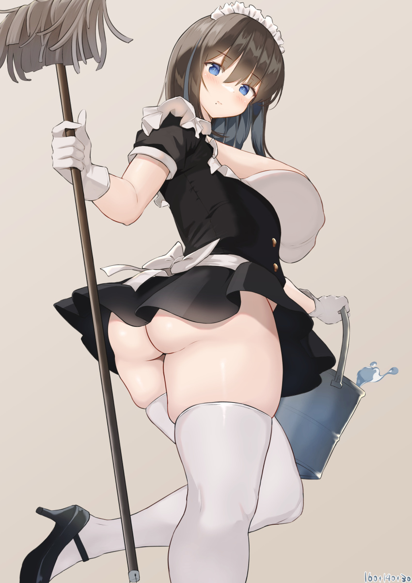 absurdres ass aymusk black_dress black_footwear black_hair blue_eyes breasts brown_background bucket commentary_request dress female from_behind gloves high_heels highres holding holding_bucket holding_mop large_breasts long_hair maid maid_headdress mop no_panties original simple_background skindentation solo standing thighhighs white_gloves white_thighhighs