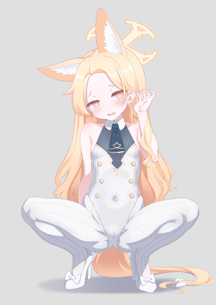 animal_ear_fluff animal_ears ascot bare_arms bare_shoulders blonde_hair blue_archive blue_ascot blush bow breasts cameltoe collared_leotard commentary_request covered_navel extra_ears female footwear_bow forehead fox_ears fox_girl full_body grey_background hairbow halo high_heels highleg highleg_leotard highres kido_airaku leotard long_hair pantyhose parted_bangs parted_lips pinstripe_pattern red_eyes seia_(blue_archive) simple_background small_breasts solo spread_legs squatting striped_clothes striped_pantyhose vertical-striped_clothes vertical-striped_pantyhose very_long_hair wavy_mouth white_bow white_footwear white_pantyhose yellow_halo