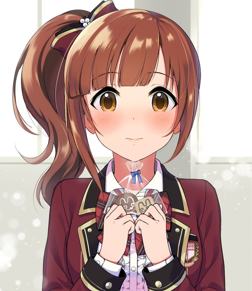 blazer bow brown_hair closed_mouth commentary_request female gift hairbow hands_up highres holding holding_gift idolmaster idolmaster_cinderella_girls igarashi_kyoko jacket long_sleeves looking_at_viewer love_letter_(idolmaster) medium_hair natsuya_(natuya777) red_bow school_uniform side_ponytail solo upper_body valentine yellow_eyes