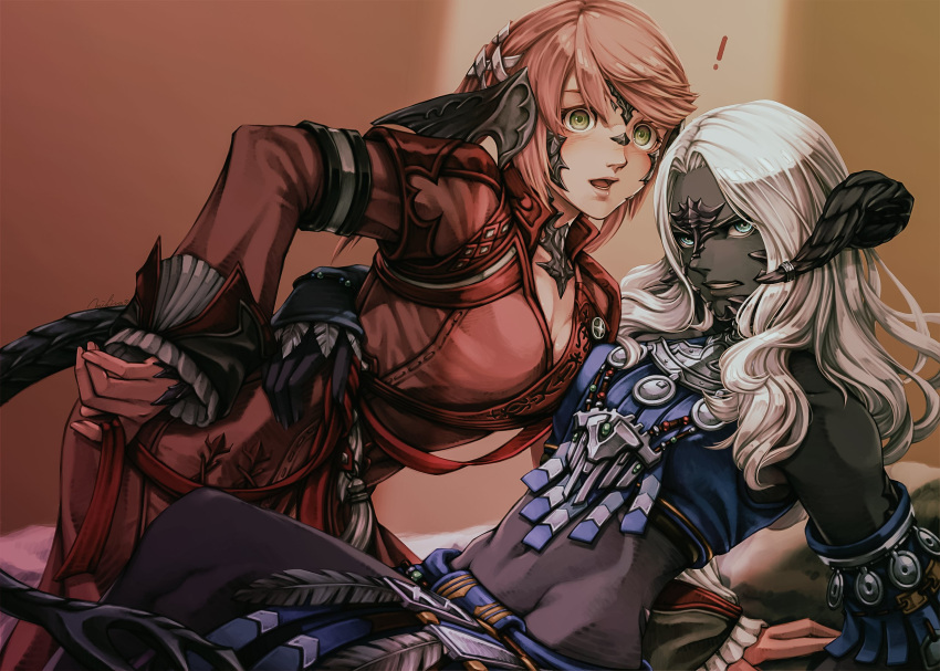 ! 2girls arm_around_waist artist_name au_ra bare_shoulders black_horns black_skin blue_eyes breast_press breasts caught cirina_mol clenched_teeth coat colored_skin detached_sleeves dragon_horns feathers feet_out_of_frame final_fantasy final_fantasy_xiv green_eyes highres horns long_hair looking_at_viewer medium_breasts midriff mihira_(tainosugatayaki) multiple_girls navel open_mouth pink_coat pink_hair reclining sadu_dotharl scales signature swept_bangs symmetrical_docking teeth v-shaped_eyebrows white_hair wide-eyed yellow_eyes yuri