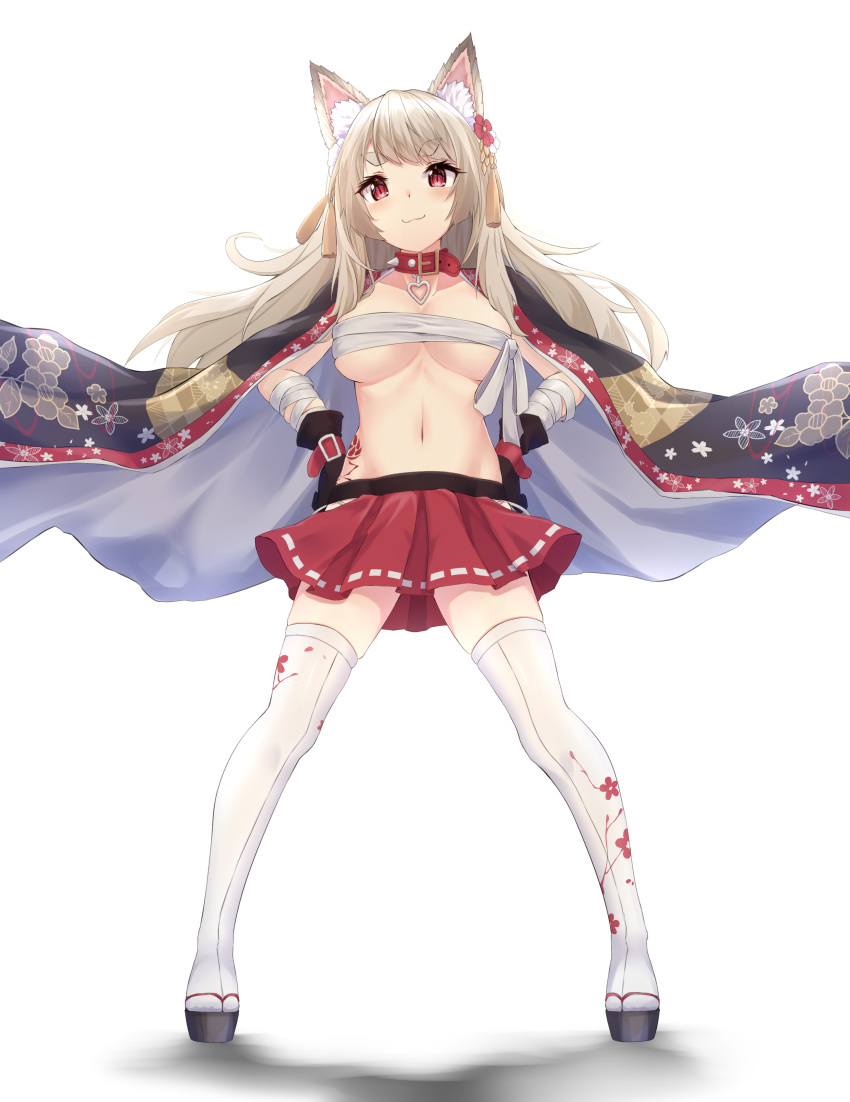 :3 absurdres animal_ear_fluff animal_ears azur_lane bandaged_arm bandages black_coat black_gloves breasts brown_hair budget_sarashi coat coat_on_shoulders collar dog_ears female full_body gloves hair_ornament hands_on_own_hips highres japanese_clothes large_breasts long_hair looking_at_viewer midriff miniskirt navel official_alternate_costume platform_footwear ponta_(velmar) red_eyes red_skirt sandals sarashi simple_background skirt smile solo standing stomach tassel thick_eyebrows thighhighs underboob white_background white_thighhighs yuudachi_(azur_lane) yuudachi_(shogun_of_snowballs)_(azur_lane) zettai_ryouiki zouri