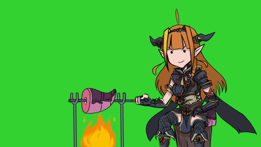 ahoge alternate_costume animated animated armor bad_link blonde_hair blunt_bangs cannibalism closed_mouth cooking dragon_girl dragon_tail english_commentary female fire green_background hololive horns kamura_(armor) kiryu_coco long_hair looping_animation monster_hunter_(series) monster_hunter_rise multicolored_hair orange_hair pointy_ears ribbon rotisserie saijou_(box_of_randomness) self-cannibalism severed_tail simple_background sitting skewer solid_circle_eyes solo tail tree tree_stump two-tone_hair upright_ahoge v-shaped_eyebrows virtual_youtuber