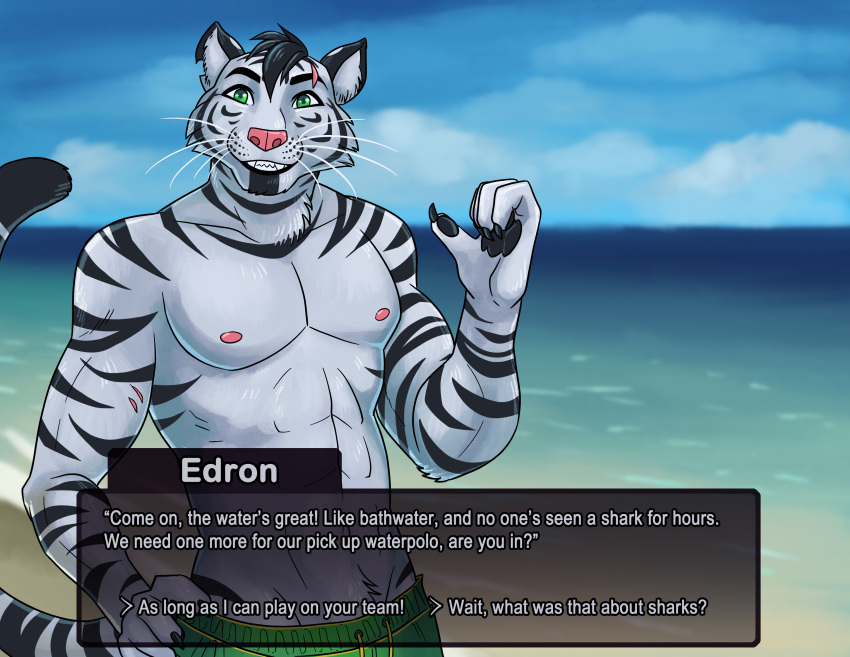 absurd_res anthro beleoci black_hair clothed clothing dialogue dialogue_box edron_(mr-yiffy) english_text felid green_eyes hair header header_box hi_res male mammal pantherine partially_clothed question scar solo standing stripes text text_box text_box_prompt tiger whiskers