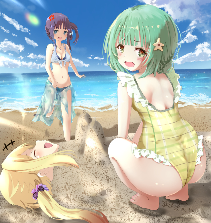 3girls :d beach blonde_hair blue_eyes blue_hair blunt_bangs blush breasts buried closed_eyes flower green_eyes green_hair hair_between_eyes hair_flower hair_ornament highres long_hair looking_at_viewer magia_record:_mahou_shoujo_madoka_magica_gaiden mahou_shoujo_madoka_magica medium_breasts mitsuki_felicia multiple_girls nanami_yachiyo nanami_yachiyo_(swimsuit_costume) natsume_kako natsume_kako_(swimsuit_costume) official_alternate_costume one-piece_swimsuit open_mouth outdoors pikuru plaid plaid_swimsuit sand sarong sidelocks smile swimsuit twintails