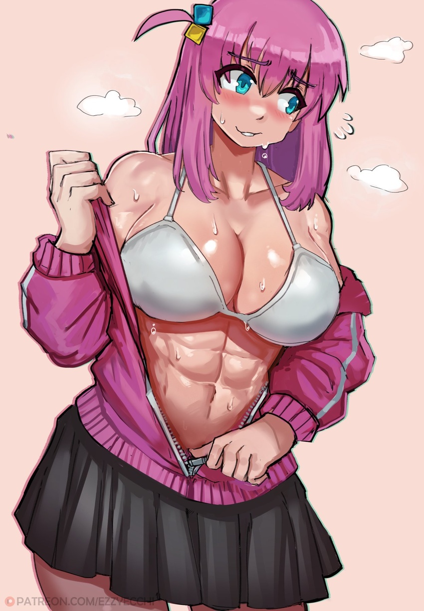 abs alt_text alternate_muscle_size bare_shoulders black_skirt blue_eyes blush bocchi_the_rock! breasts cleavage collarbone cowboy_shot cube_hair_ornament ezzydraws female flying_sweatdrops gotoh_hitori hair_between_eyes hair_ornament hand_up highres jacket large_breasts long_hair long_sleeves muscular muscular_female one_side_up pantyhose patreon_username pink_hair pink_jacket pleated_skirt shiny_skin sideways_glance skirt solo sweat track_jacket unzipping watermark web_address