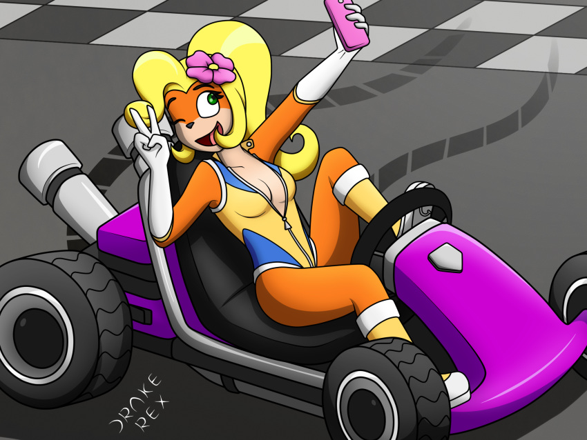 4:3 activision anthro bandicoot breasts car cleavage clothed clothing coco_bandicoot crash_(series) drake-rex female hi_res inside_car mammal marsupial selfie solo vehicle