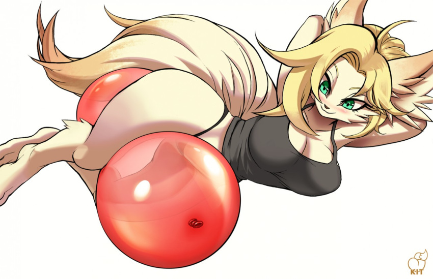 anthro ass balloon balloon_between_legs barefoot big_butt blanche blush bottomwear breasts brown_nose canid canine clothing feet female fox green_eyes hair inflatable kittellox_(artist) mammal object_between_legs panties shirt simple_background smile solo tank_top thick_thighs thigh_crush toes topwear underwear