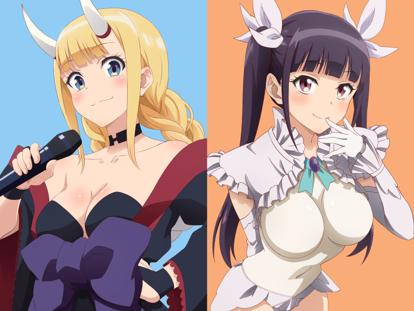 2girls absurdres bare_shoulders black_choker black_hair black_kimono blonde_hair blue_background blue_eyes blunt_bangs braid breasts brown_eyes cat-opa-25 choker cleavage collarbone elbow_gloves fake_horns finger_to_mouth frilled_sleeves frills gloves hair_ribbon highres holding holding_microphone horns japanese_clothes kimono kuon_nanami large_breasts leotard long_hair microphone multiple_girls no_mask oni_horns orange_background paripi_koumei parted_lips ribbon skin_tight smile tsukimi_eiko twin_braids twintails two-tone_background upper_body white_gloves white_leotard white_ribbon wide_sleeves