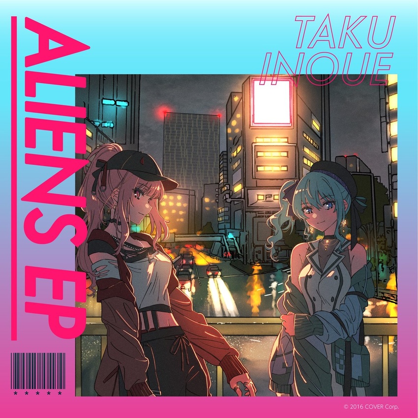 2girls album_cover blue_eyes blue_hair building car commentary_request cover cross earrings guard_rail hat highres hmng hololive hololive_english hoshimachi_suisei jacket jewelry looking_at_viewer midriff mori_calliope motor_vehicle multiple_girls navel night night_sky official_art overpass pants pink_hair ponytail red_eyes ribbon ring road side_ponytail sky skyline smile star_(symbol) street sweater sweatpants torn_clothes virtual_youtuber