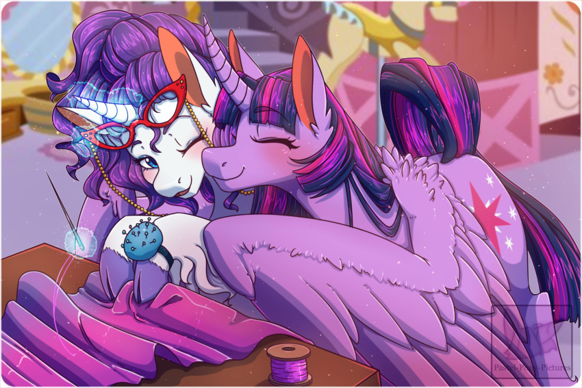 3:2 alicorn blush cat_eye_glasses duo equid equine eyewear female feral friendship_is_magic glasses hasbro hi_res horn magic mammal my_little_pony mythological_creature mythological_equine mythology pastel-pony-pictures rarity_(mlp) sewing sewing_needle spool twilight_sparkle_(mlp) unicorn wings