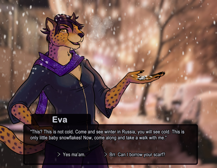 absurd_res anthro beleoci black_hair cheetah clothed clothing dialogue dialogue_box english_text eva_(mr-yiffy) felid feline female hair header header_box hi_res location_in_dialogue mammal scarf snow solo standing text text_box text_box_prompt whiskers yellow_eyes