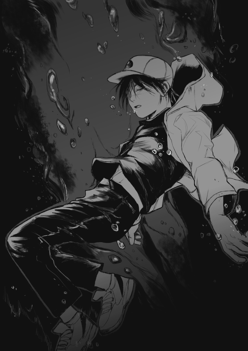 1boy absurdres ai_coleman air_bubble asphyxiation baseball_cap bubble dorohedoro drowning florbetriz from_side greyscale half-closed_eyes hat highres hood hood_down hooded_jacket jacket long_sleeves male_focus midriff_peek monochrome open_clothes open_jacket outstretched_arm pants scar scar_on_face scar_on_nose shirt shoes sneakers solo submerged t-shirt water