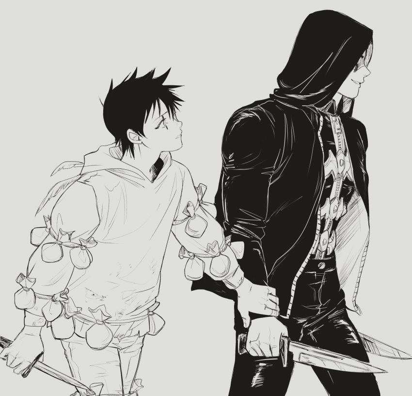 2boys absurdres antennae arm_at_side armor arms_at_sides combat_knife cowboy_shot dagger dokuga dorohedoro drawstring dual_wielding facial_mark florbetriz from_side greyscale highres holding holding_another's_wrist holding_knife hood hood_down hood_up hooded_jacket hoodie jacket kai_(dorohedoro) knife long_sleeves looking_at_another male_focus monochrome multiple_boys pants pouch profile shaded_face short_hair smirk walking weapon zipper