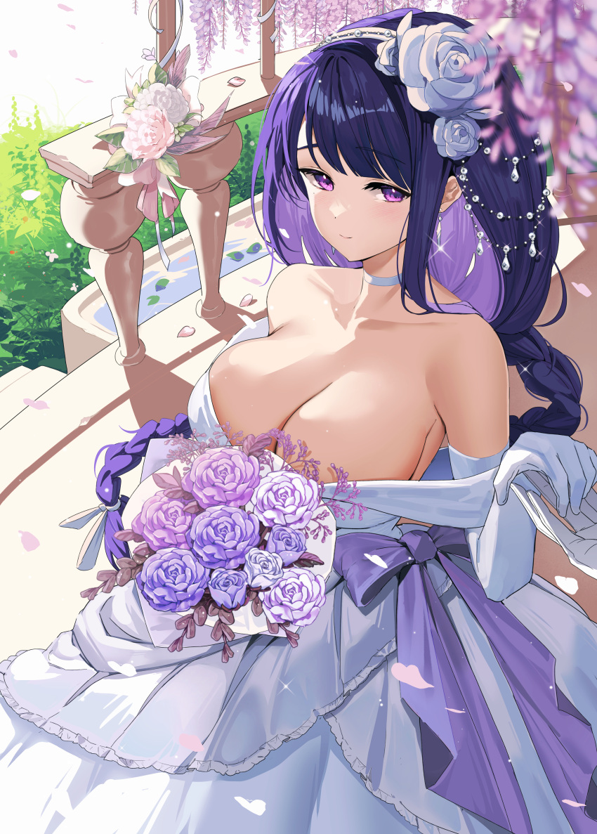 1other absurdres alternate_costume bare_shoulders blurry bouquet bow braid breasts choker closed_mouth collarbone commentary depth_of_field dress earrings elbow_gloves falling_petals female flower genshin_impact gloves grass hair_flower hair_ornament hairband highres holding holding_bouquet holding_hands jewelry large_breasts leaf long_hair looking_at_viewer low-braided_long_hair low-tied_long_hair mole mole_under_eye off-shoulder_dress off_shoulder petals petals_on_liquid pink_flower pink_rose purple_bow purple_eyes purple_flower purple_rose raiden_shogun rose smile solo_focus somyo_(s0my0) symbol-only_commentary very_long_hair waist_bow water wedding_dress white_choker white_dress white_flower white_gloves white_rose