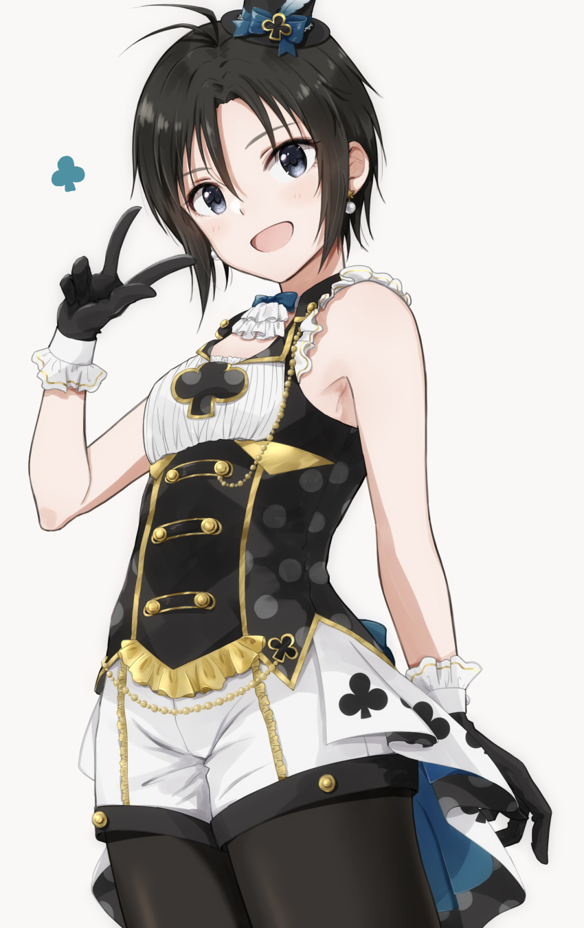 :d absurdres black_corset black_gloves black_hair blue_bow bow breasts clever_clover_(idolmaster) club_(shape) commentary corset cowlick earrings female gloves grey_eyes hair_between_eyes half_gloves hat highres idolmaster idolmaster_(classic) idolmaster_2 idolmaster_million_live! jewelry kikuchi_makoto light_blush looking_at_viewer mini_hat mini_top_hat mogskg open_mouth pantyhose pantyhose_under_shorts parted_bangs pearl_earrings polka_dot short_hair shorts simple_background sleeveless small_breasts smile solo standing top_hat v white_background white_shorts