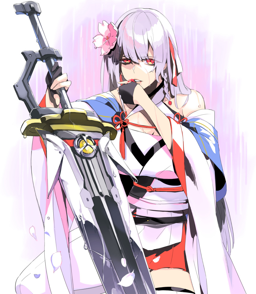 assault_lily bad_id bad_pixiv_id bare_shoulders black_gloves blood blood_from_mouth blood_on_face blood_on_hands blue_capelet braid breasts capelet commentary criss-cross_halter falling_petals female flower flower_knot funada_ui gloves gradient_background grey_hair hair_between_eyes hair_flower hair_ornament hair_ribbon half-closed_eye half_gloves halterneck hand_to_own_mouth hands_up highres holding holding_sword holding_weapon japanese_clothes kimono kimono_skirt large_breasts long_hair long_sleeves looking_at_viewer mila_(yuta27315) obi obijime parted_lips partially_fingerless_gloves petals pink_background pink_flower rain red_eyes red_ribbon ribbon sash short_kimono side_braid single_braid solo squatting sword tassel thighhighs very_long_hair water_drop weapon wet white_background white_kimono white_thighhighs wide_sleeves wiping_mouth