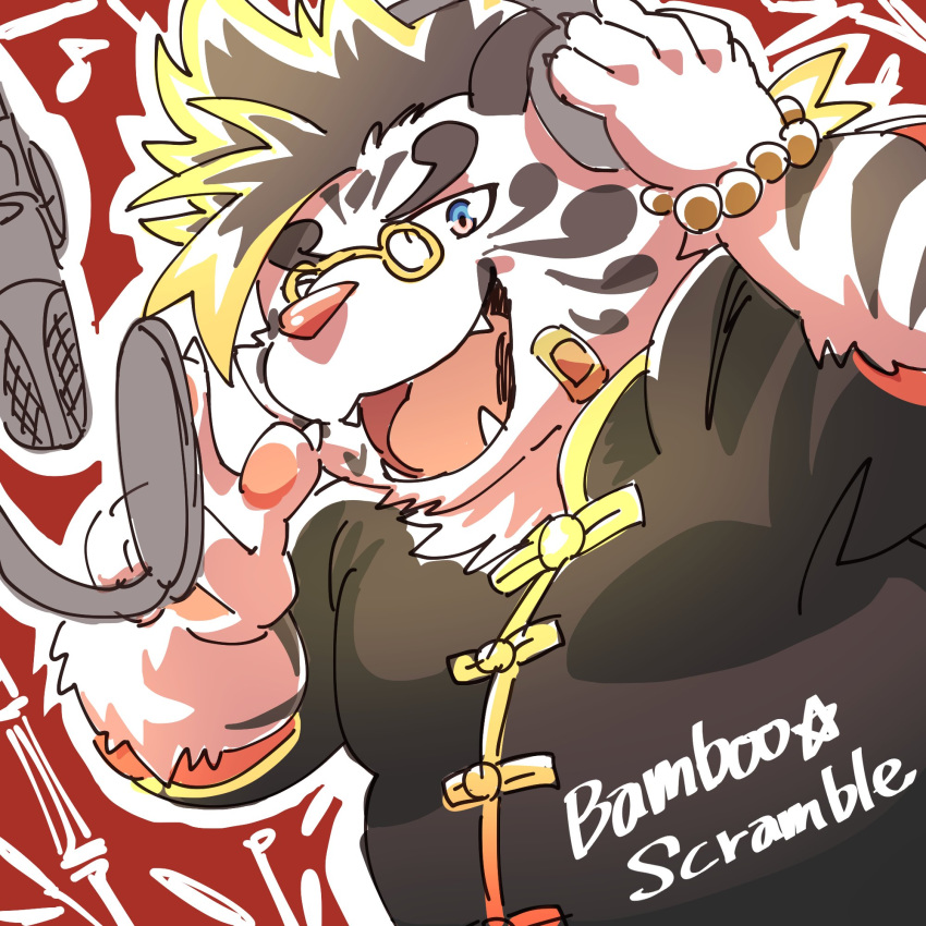 1:1 2019 anthro avoid_posting belly cute_fangs eyewear felid fur glasses hi_res humanoid_hands licho_(tas) lifewonders male mammal nikunabe1989 pantherine simple_background solo tiger tokyo_afterschool_summoners white_body white_fur