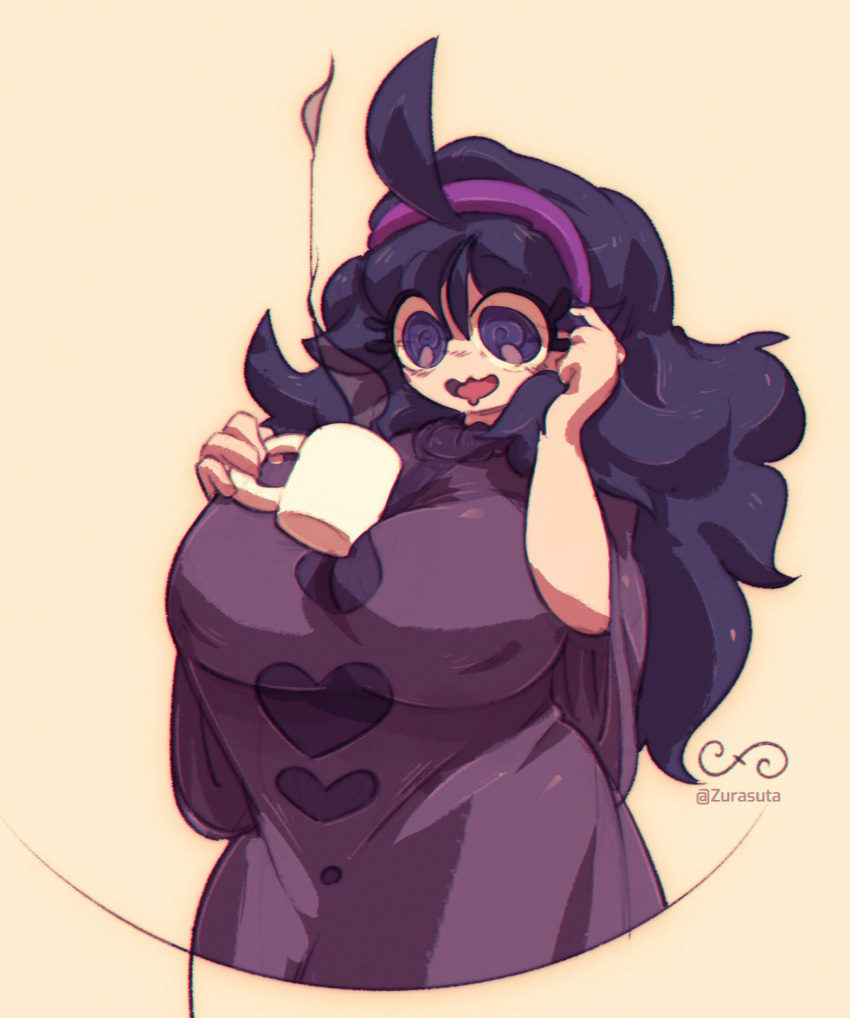 @_@ ahoge alternate_breast_size artist_name beige_background breasts cowboy_shot cup diadem dress drooling eyelashes female hex_maniac_(pokemon) highres holding holding_cup huge_breasts long_hair no_nose pokemon pokemon_xy purple_eyes purple_hair shiny_clothes smile solo standing taut_clothes taut_dress wavy_mouth zurasuta