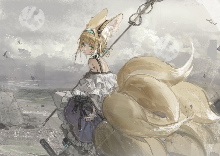 absurdres animal_ears arknights back bare_shoulders black_gloves blonde_hair blue_headband blush braid braided_hair_rings commentary female fox_ears fox_tail from_behind gloves green_eyes hair_rings hairband headband highres holding holding_staff kurikabacha looking_at_viewer material_growth medium_hair multicolored_hair multiple_tails oripathy_lesion_(arknights) outdoors pantyhose simple_background single_glove sitting sky smile solo staff suzuran_(arknights) tail two-tone_hair white_background white_hair white_pantyhose